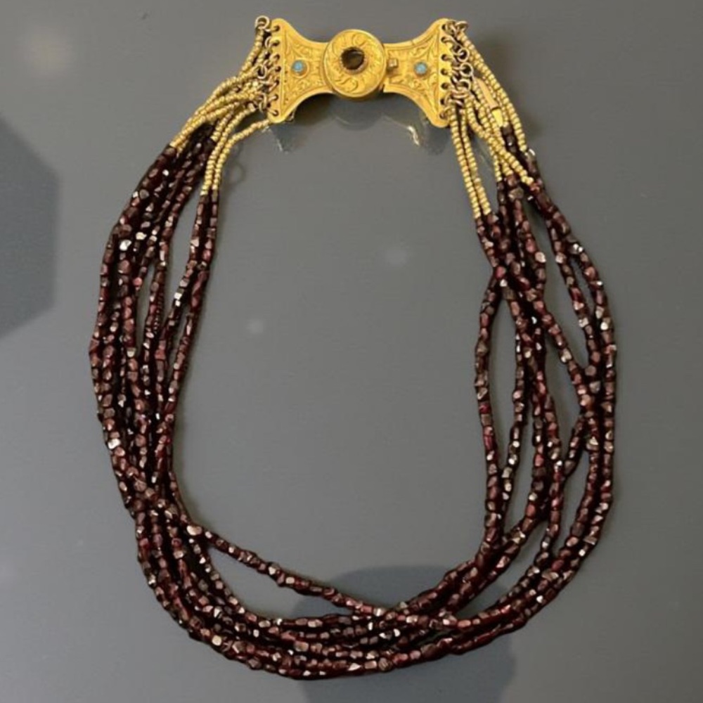 Antique 1800s Gold Victorian Bohemian Multi Strand Garnet Beaded Necklace